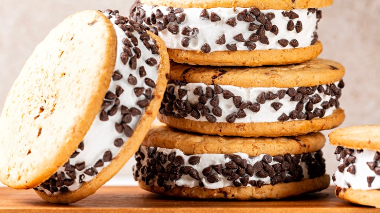 close up of ice cream sandwiches with chocolate chips