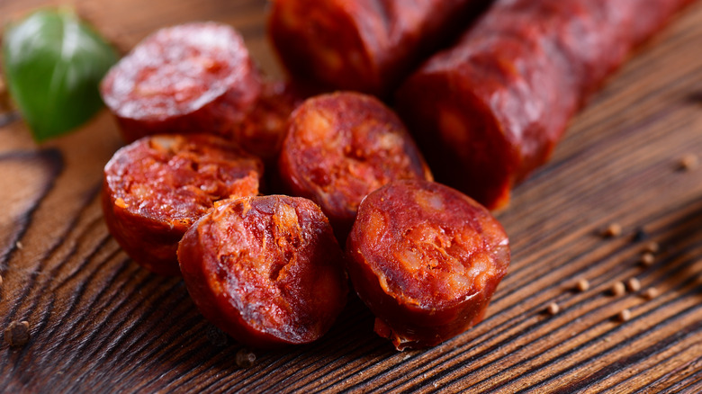 Chorizo against a wooden background