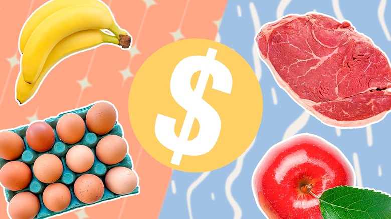 Composite image featuring a dollar sign surrounded by grocery staples