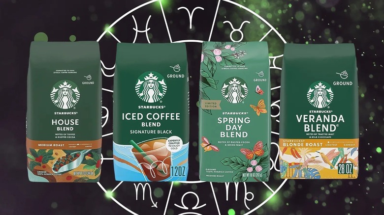 Starbucks bagged coffees on zodiac background