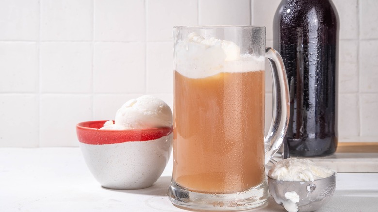 Bowl of ice cream with mug of beer