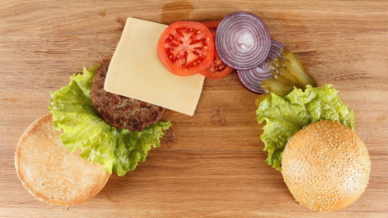 deconstructed burger on wood