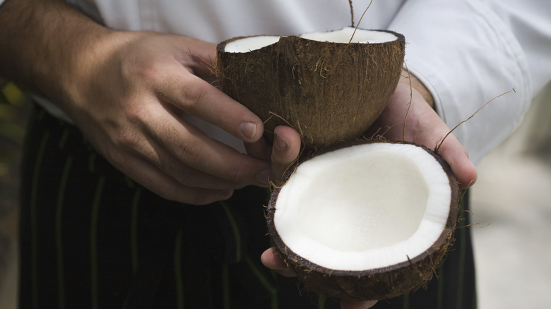 hands holding cut coconut