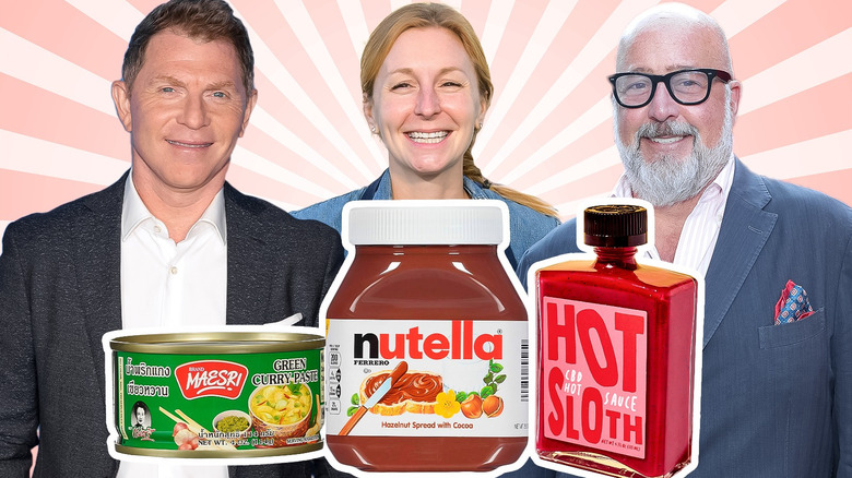 bobby flay, christina tosi, and andrew zimmern surrounded by condiments