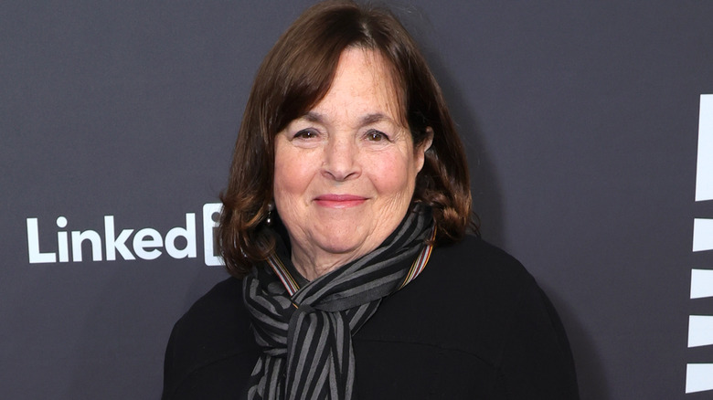 ina garten smiles in striped scarf and black shirt