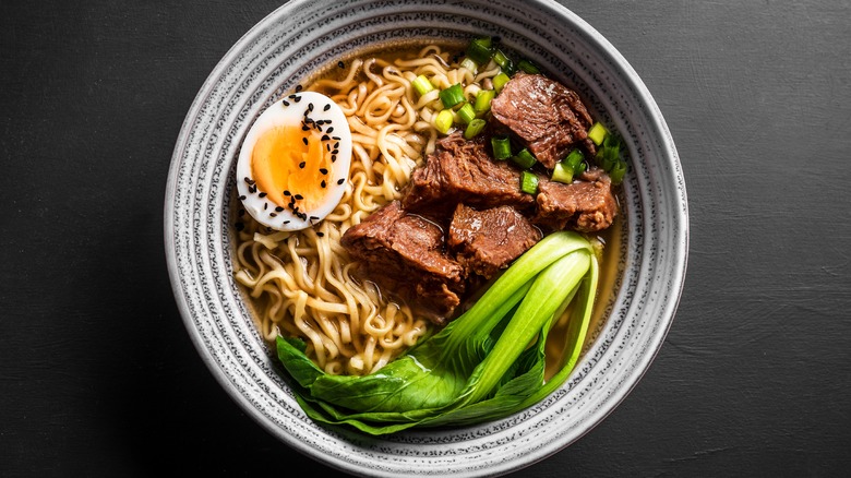 Beef, bok choy, and egg ramen