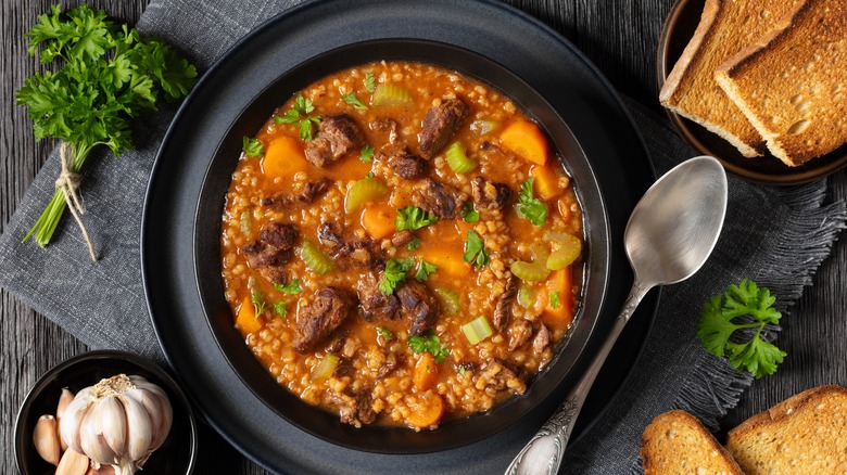 Beef and barley in soup