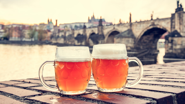 Beer mugs on a ledge