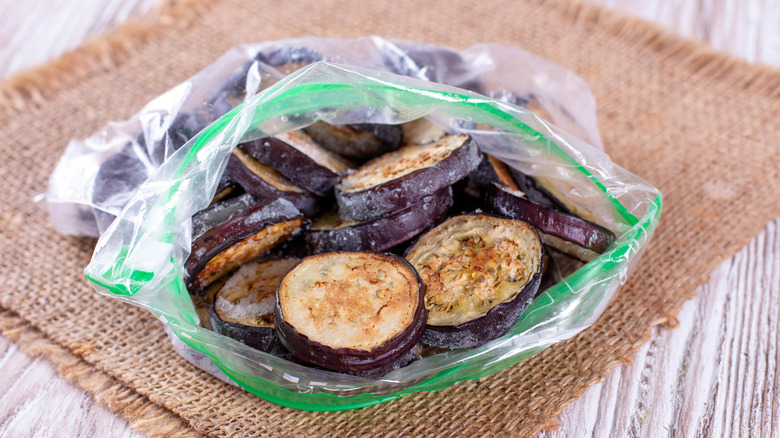 Frozen eggplant in plastic bag