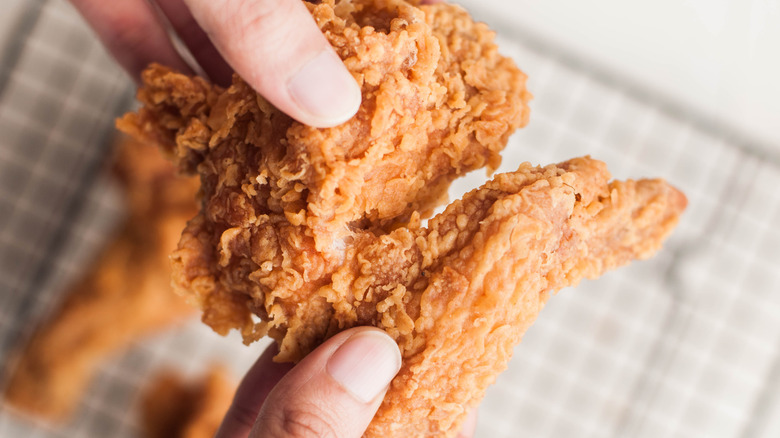 hand holding fried chicken