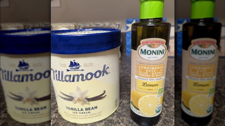 Tillamook ice cream carton and bottle of olive oil