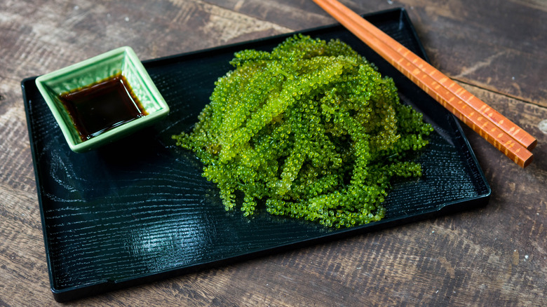 umi-budo served with soy sauce