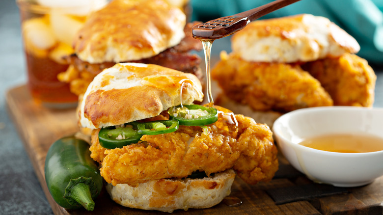 Fried chicken sandwich with honey 