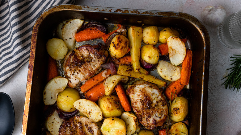 Honey mustard pork chops and veggies