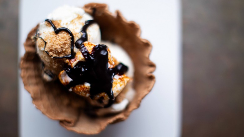 Aerial shot of Crank & Boom waffle bowl sundae on counter