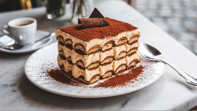 Triple layer tiramisu on a plate at a fancy cafe