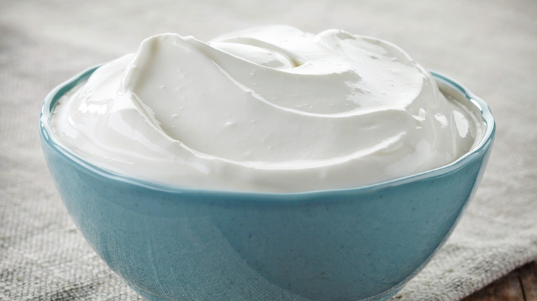 sour cream in a blue bowl