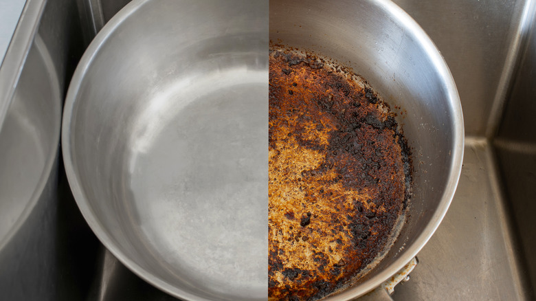 Half-clean, half-dirty stainless steel pot