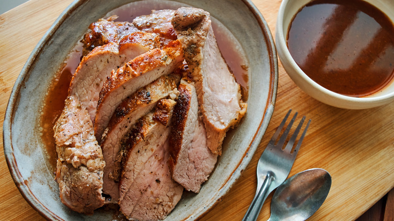 sliced roast pork with gravy