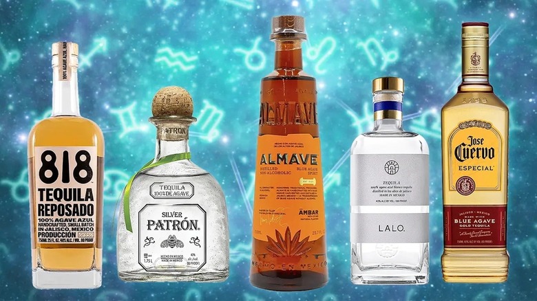 Different brands of tequila and zodiacs