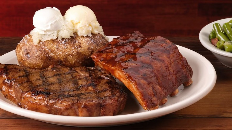 Texas Roadhouse steak, ribs, baked potato