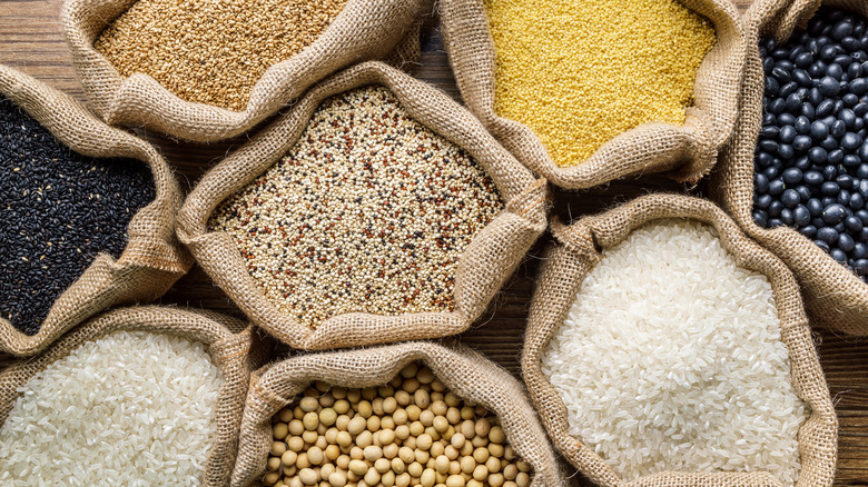 Various grains in burlap sacks