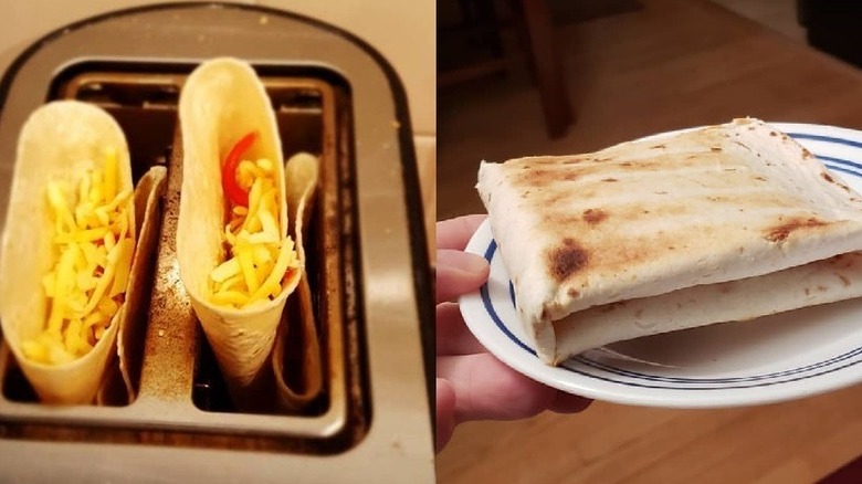 quesadilla in toaster and on plate