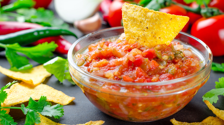 chunky tomato salsa with tortilla chip