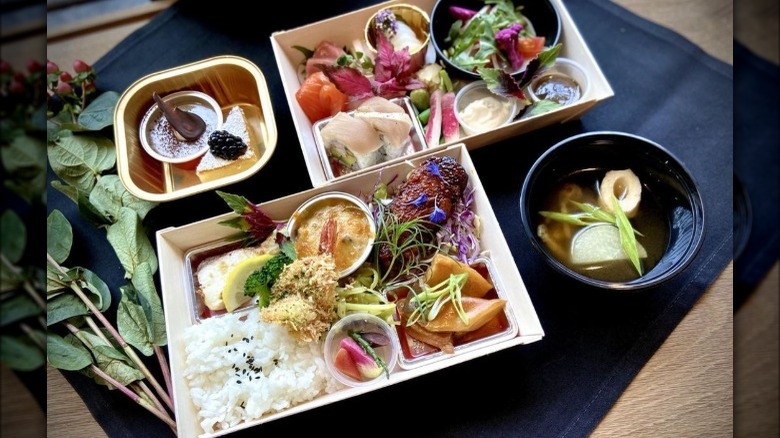 Bento boxes, soup, and dessert