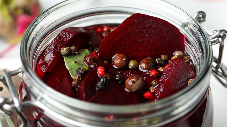 pickled beetroot in an open jar