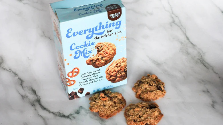 A box of Trader Joe's Everything but the kitchen sink cookie mix and baked cookies