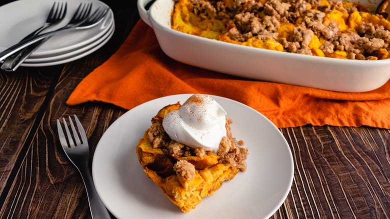 slice of pumpkin brioche casserole