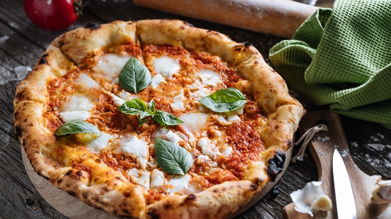 Neapolitan pizza and green towel