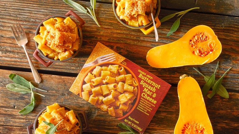 Trader Joe's Butternut Squash Mac & Cheese surrounded by squash