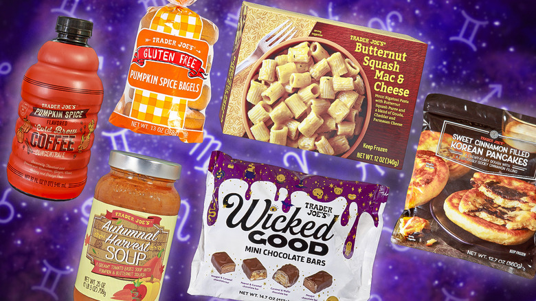 fall Trader Joe's items on zodiac background