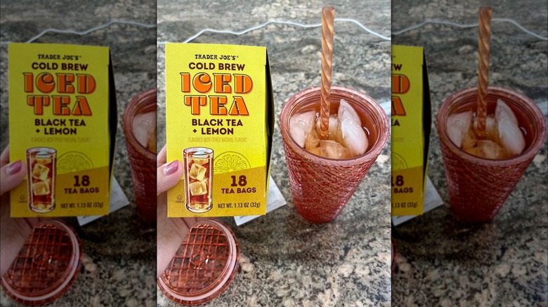 woman holding Cold Brew Iced Tea from Trader Joe's