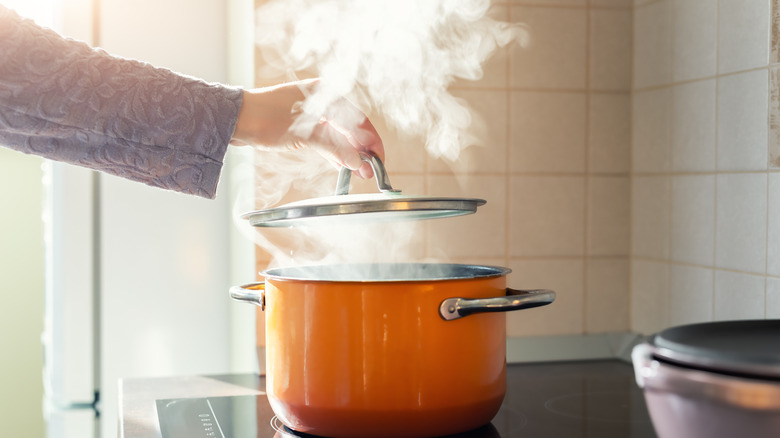 pot on stove with steam in the air