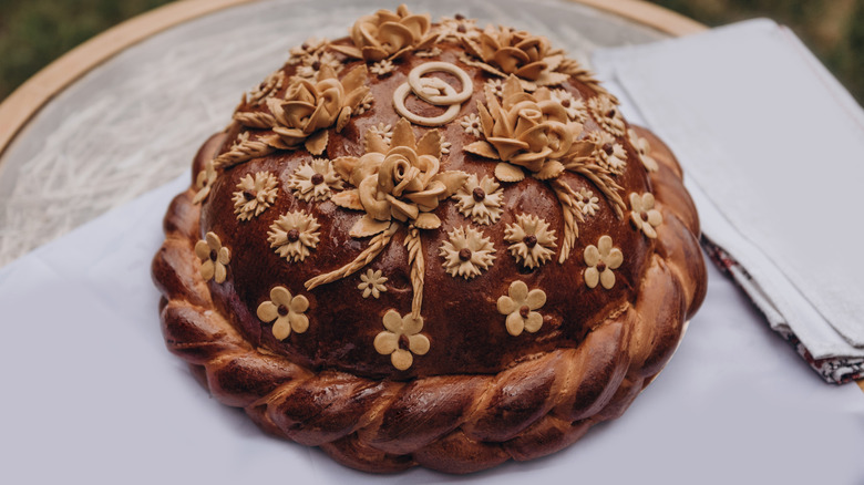 Ornately decorated Ukrainian wedding bread