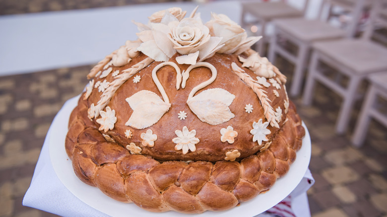 Ukrainian korovai highly decorated wedding bread