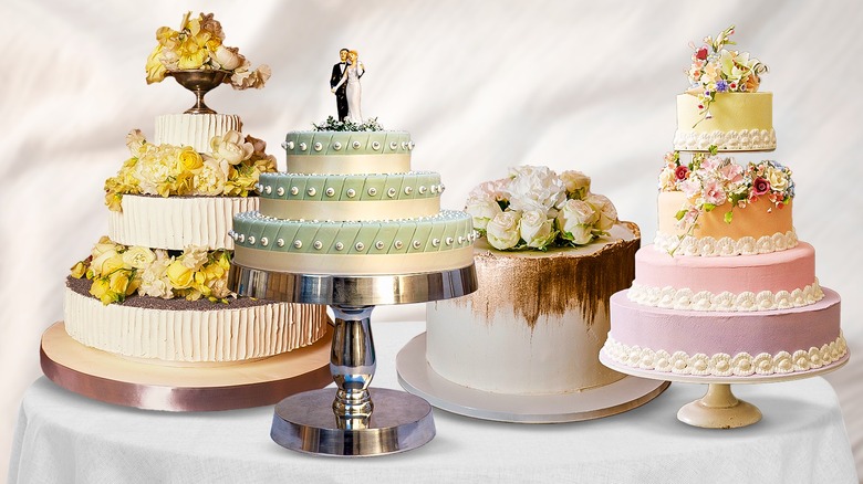 Four wedding cakes with unique styles on round table