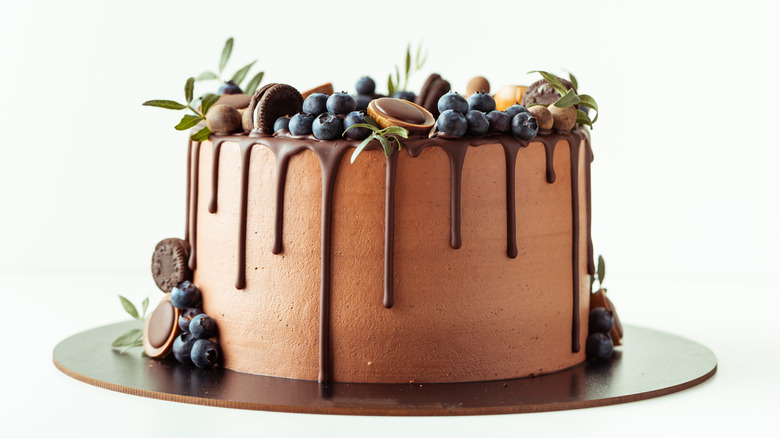 Chocolate cake with blueberries and candy