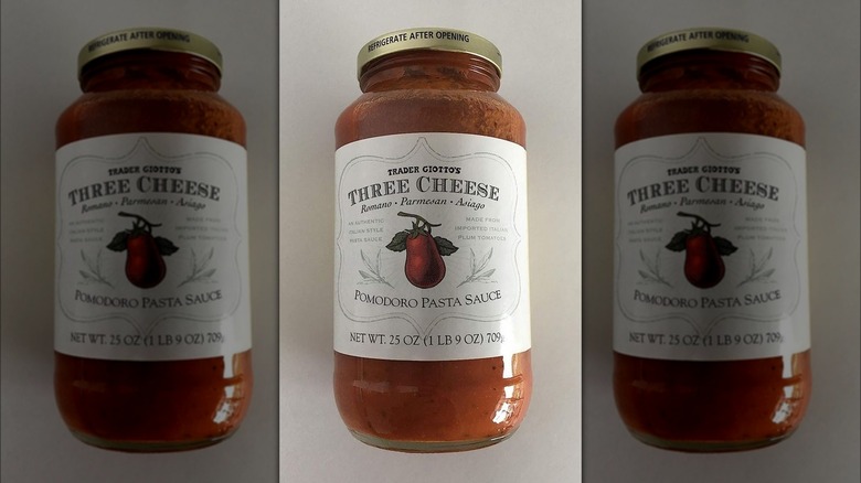 Mirrored image of trader joe's three cheese pomodoro sauce jar