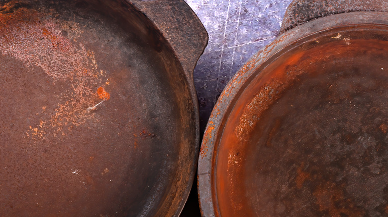 Two heavily rusted cast iron pans