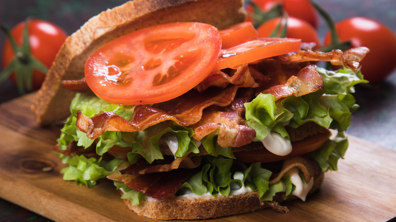 Closeup of a BLT sandwich with bacon