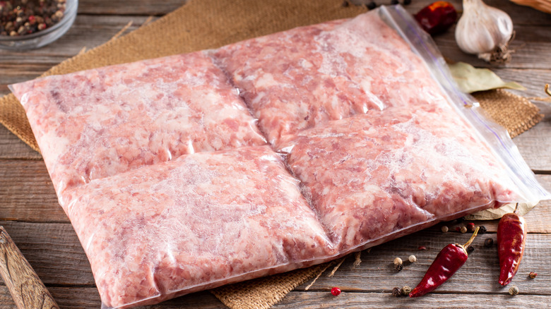 Frozen meat bag on table