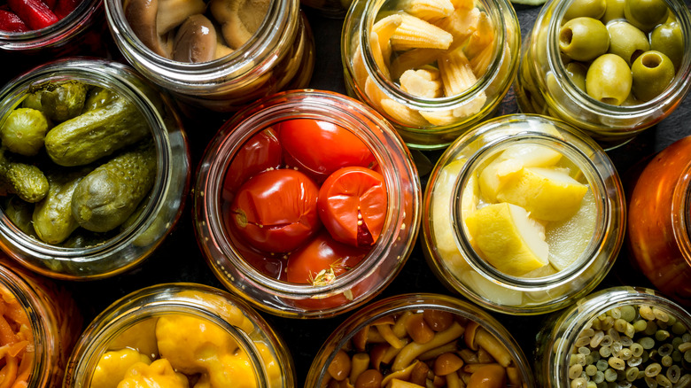 Top view of jars of pickled vegetables