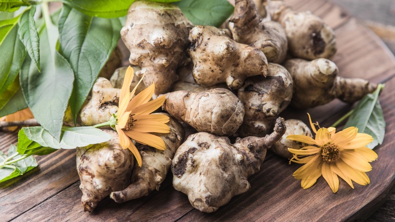 Raw sunchokes with flowers