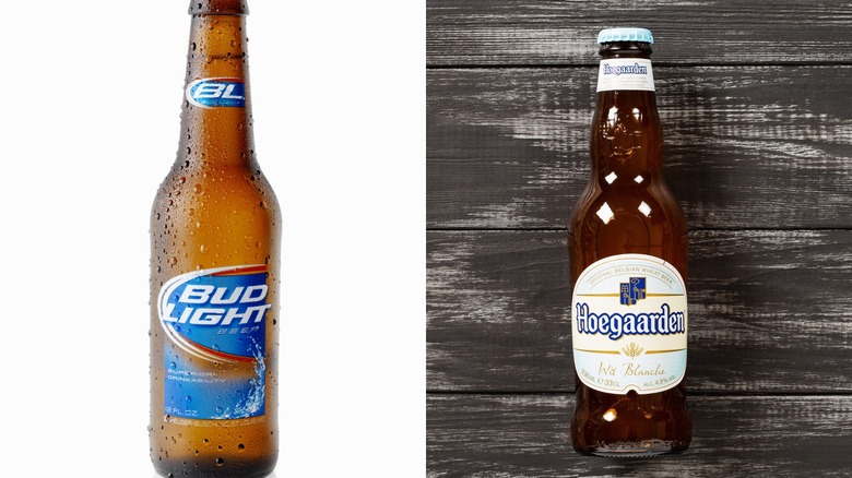 Bud Light and Hoegaarden beer bottles side by side