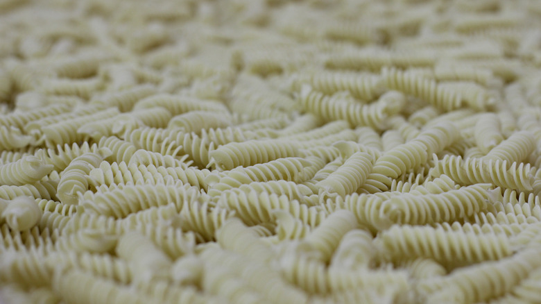 Bronze-cut fusilli pasta on a surface