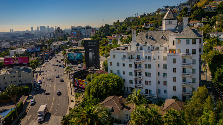 Chateau Marmont on the hill with Sunset Boulevard in the background